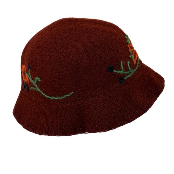 GAP Maroon Burgundy  Embroidered Floral Wool Blend Bucket Hat Y2K Vintage - Picture 1 of 9